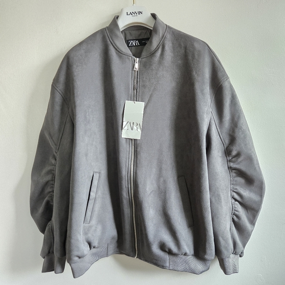 New Zara Oversized Suede Gray Bomber Jacket NWT Medium - Picture 9 of 15